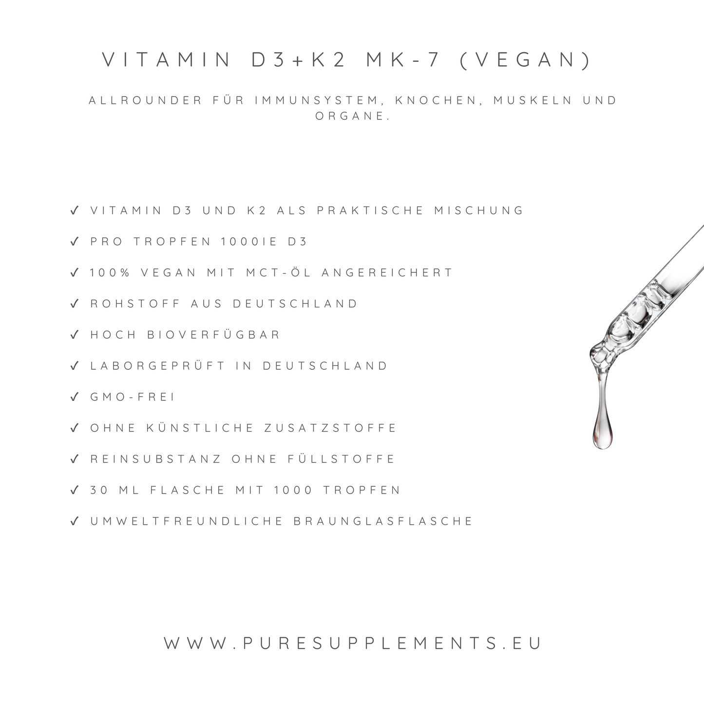 Premium Vitamin D3K2 VEGAN All Trans MK7 Tropfen - 30ML hoch bioverfügbar  mit 1000 Tropfen (Europa, Basic, aus Baumflechten, D3 1.000IE + K2MK7 20ug)