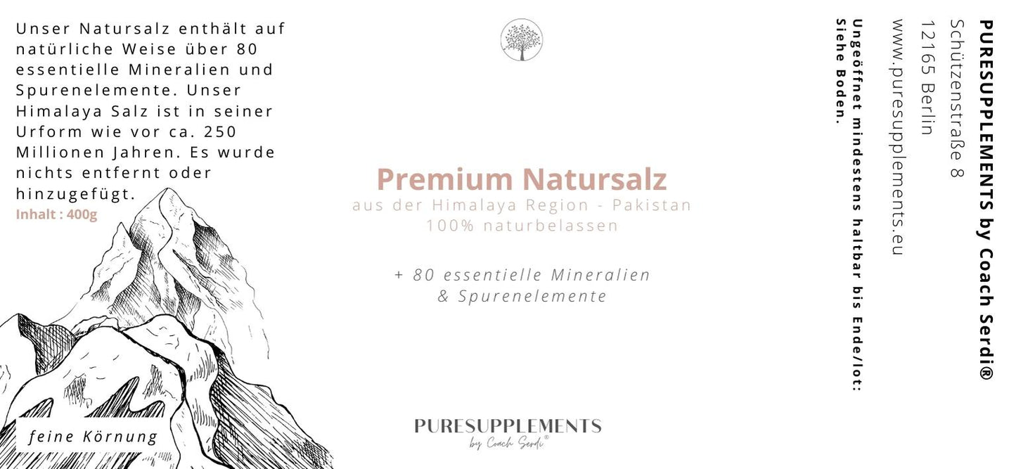 Premium Natursalz - 100% naturbelassen (Glas, Salz feine Körnung, 400g, Himalaya Region)