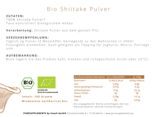 Premium Bio Shiitake Pilz Pulver 100g